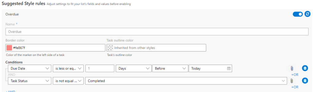 Four default conditional style rules color-coding tasks on a Virto Kanban Board