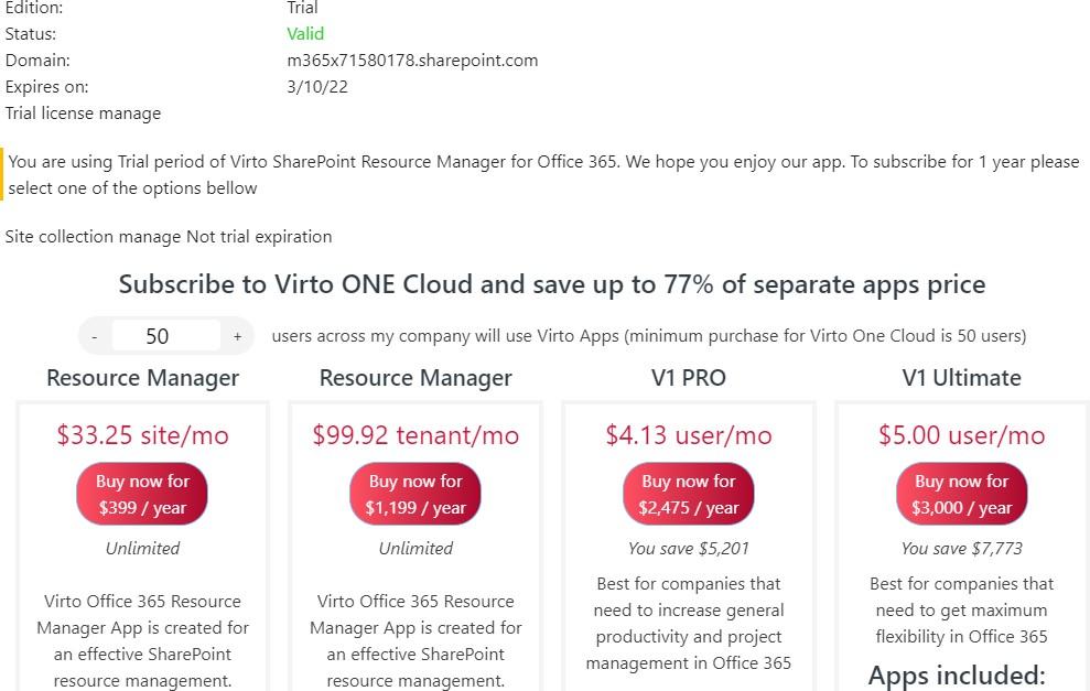 Subscription tab in Virto Resource Manager settings showing the current subscription status