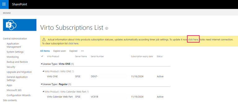 Yellow update bar with a click here link to manually refresh a renewed Virto subscription