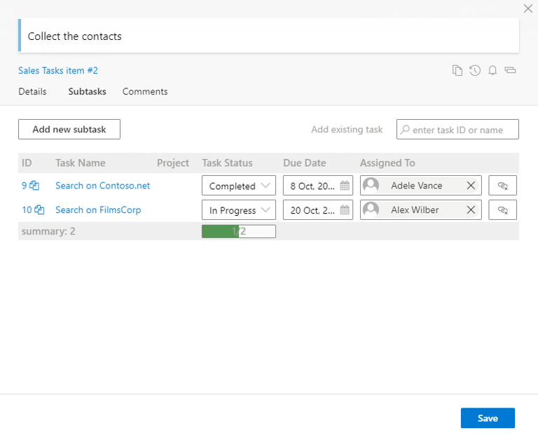 Editing subtasks in the Subtasks tab of a parent task card on the Virto Kanban Board