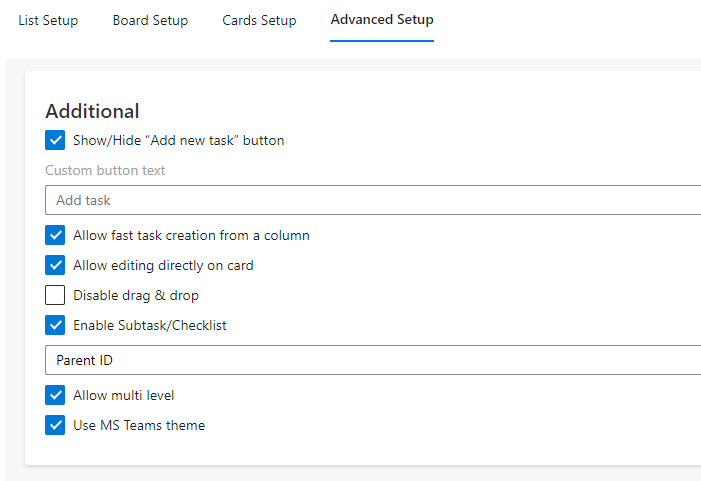 Enable Subtask/Checklist checkbox on the Advanced Setup tab of the Virto Kanban Board
