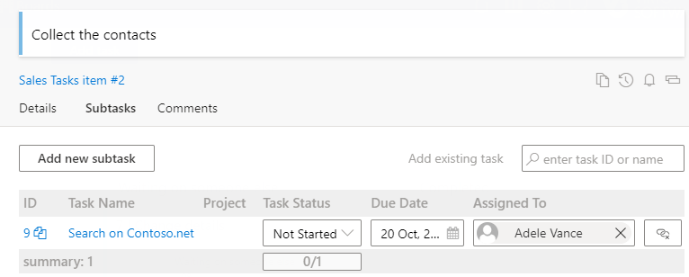 Newly added subtask shown in the list of subtasks on the Virto Kanban Board