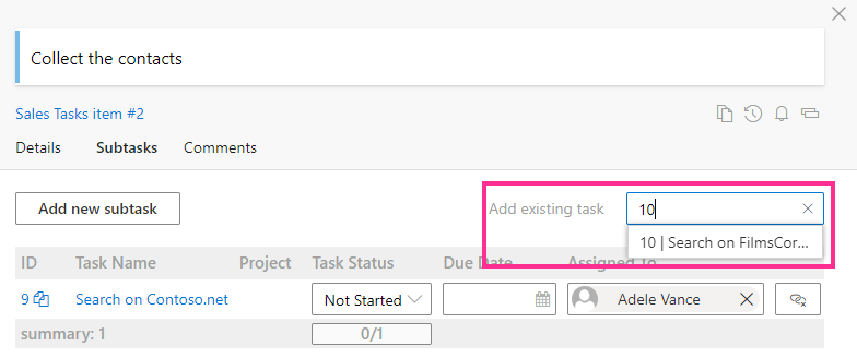 Add existing task search box for linking an existing task as a subtask on the Virto Kanban Board