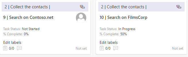 Subtask cards showing the parent task name on a blue background on the Virto Kanban Board