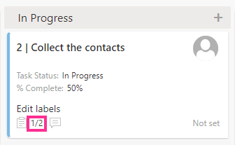 Subtask counter showing completed versus total subtasks on a Virto Kanban Board card