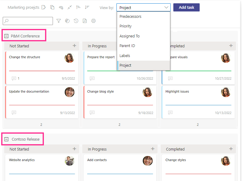 Virto Kanban Board grouped into horizontal swimlanes by a SharePoint list field