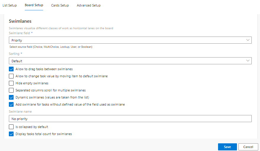 Swimlanes settings located under the Board setup tab in Virto Kanban Board
