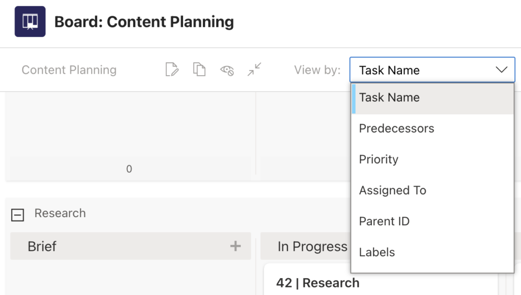 Selecting a swimlane field from the drop-down menu to regroup tasks on the Virto Kanban Board
