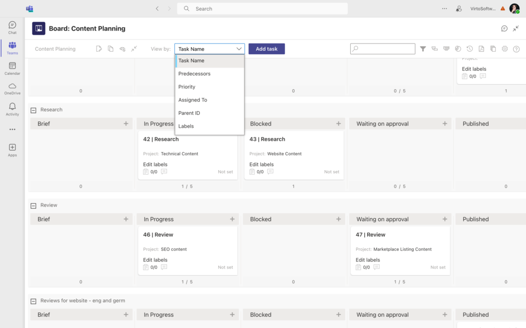 View by drop-down menu for choosing swimlane grouping on a Virto Kanban quick board