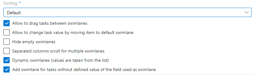 Swimlane sorting and preference checkboxes for drag, hide empty and separated scroll