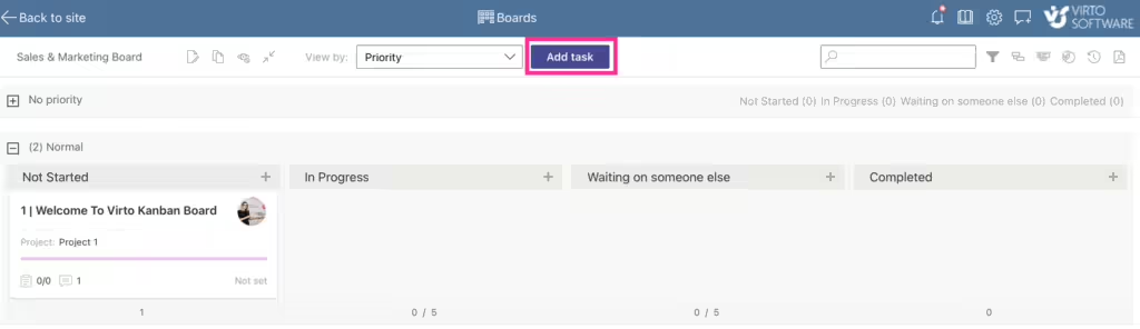 Creating a new task on the Virto Kanban Board to add a new project