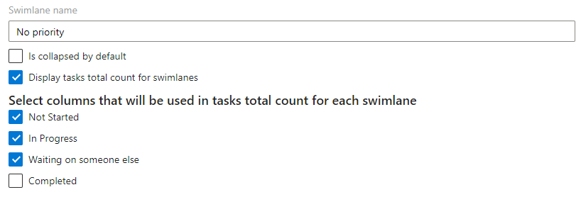 Renaming the default swimlane and choosing columns for the task total count