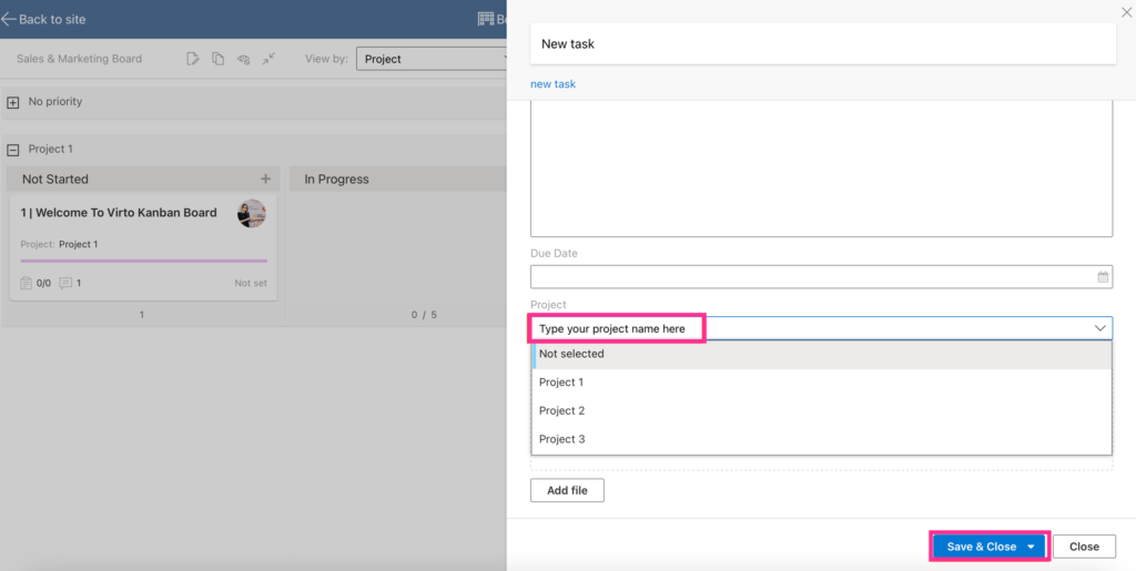 Typing a new project name at the bottom of a Virto Kanban Board task card