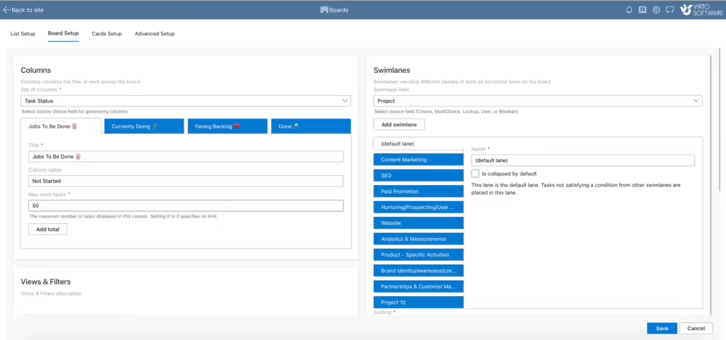 Swimlane settings for editing names and collapsing swimlanes by default on the Virto Kanban Board
