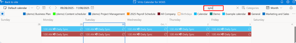 Search box used to filter events by title in the Virto Calendar App top panel