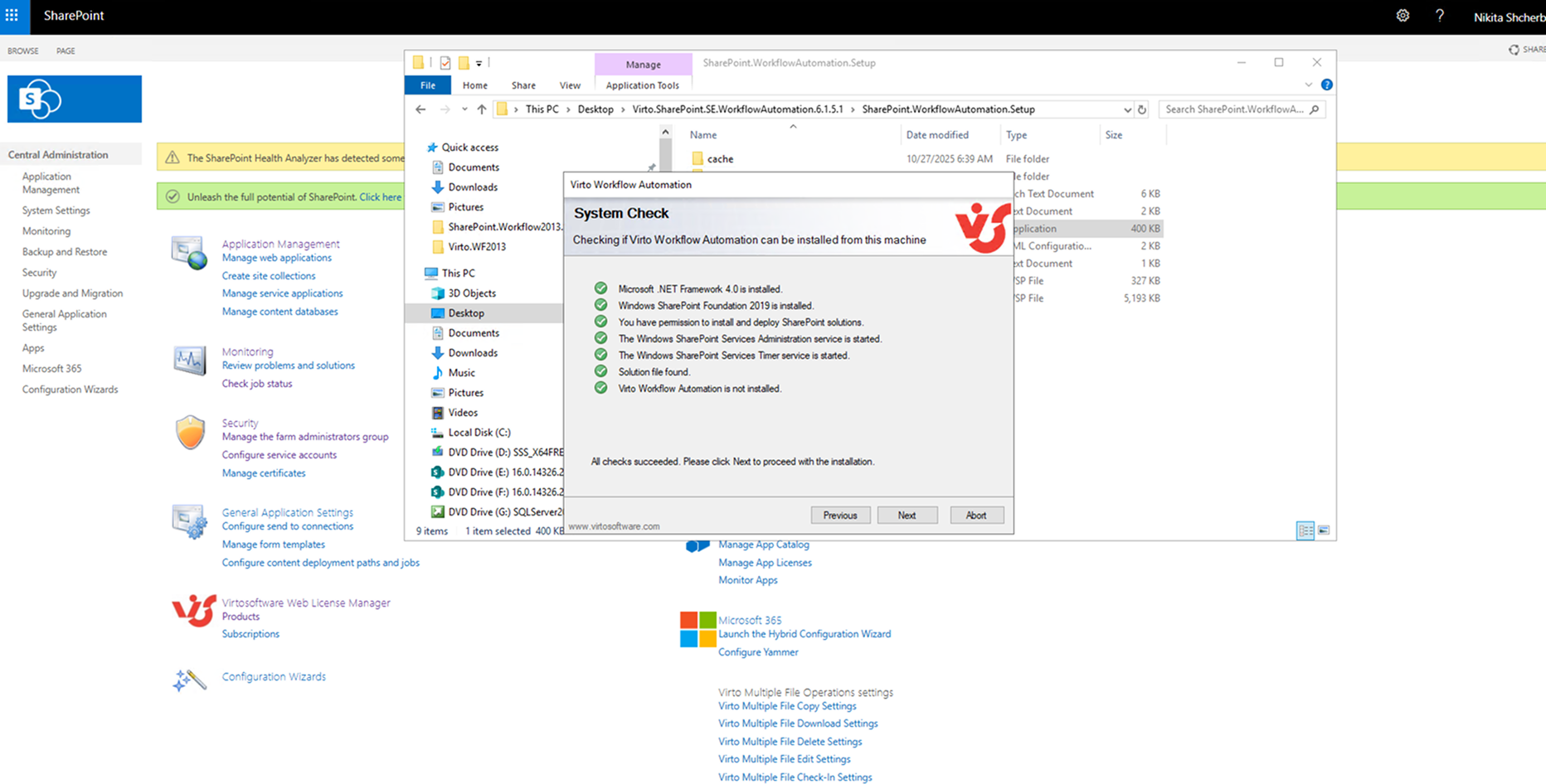Pre-installation system check step of the Virto Workflow Automation setup wizard with all checks passed