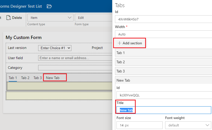 Adding a tab to a SharePoint form using Add section and setting the tab title in control properties