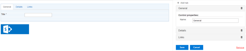 Tab properties panel with the Add tab button and Remove link for managing form tabs