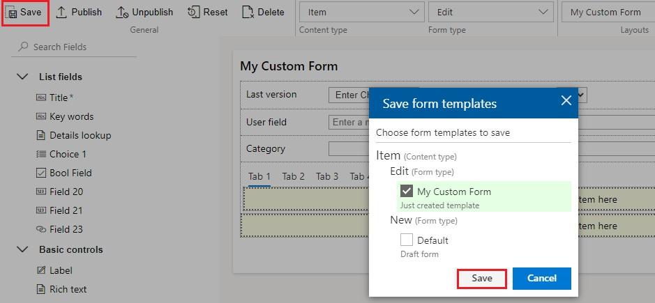 Saved SharePoint form displaying the created tabs