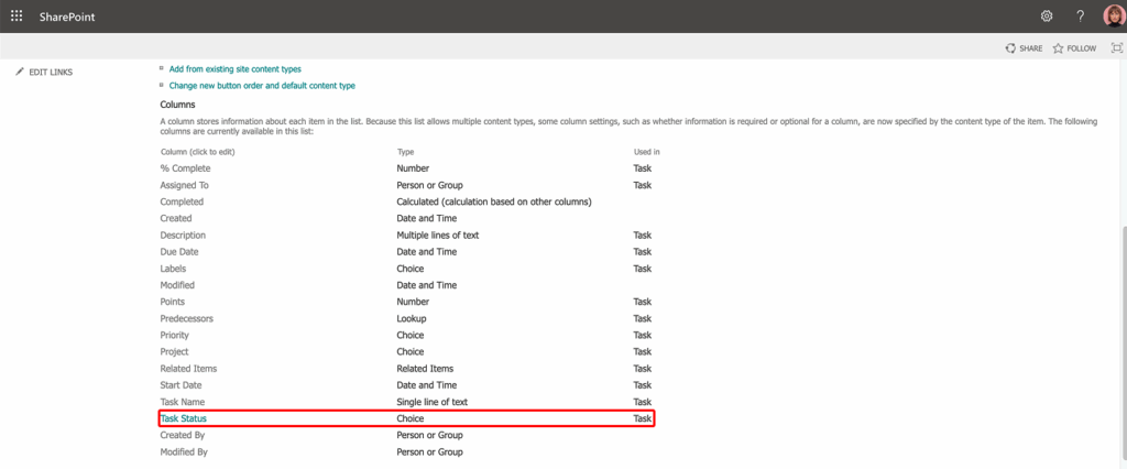 SharePoint list Columns section with the Choice-type Status column highlighted