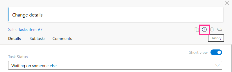 Task history available in the task view form on the Virto Kanban Board
