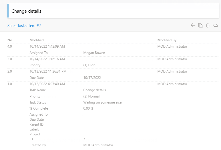 Tracking item changes through SharePoint version history in the Virto Kanban Board task form