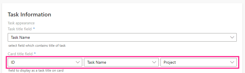 Choosing list fields for the card title in Virto Kanban Task Information settings