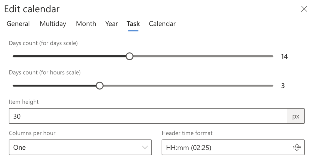 Task tab in Virto Calendar settings for day count, item height, columns per hour, and time format