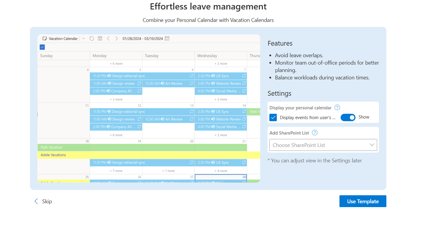 Advanced settings for adding Outlook calendar data sources with Create and Use Template buttons