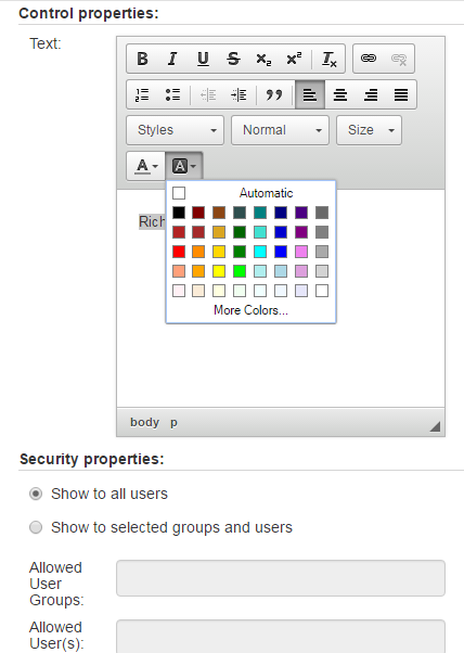 Text control with rich text formatting options for adding styled text to a SharePoint Form