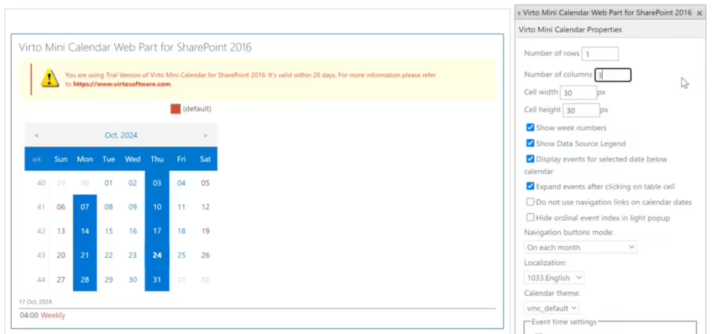 Virto Mini Calendar Properties panel with the number of columns set to three
