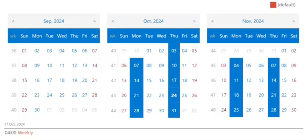 Virto Mini Calendar in compact three-column view showing previous, current and next month