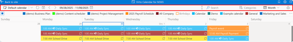 Top panel with refresh, navigation, search, and category and view dropdowns in Virto Calendar App