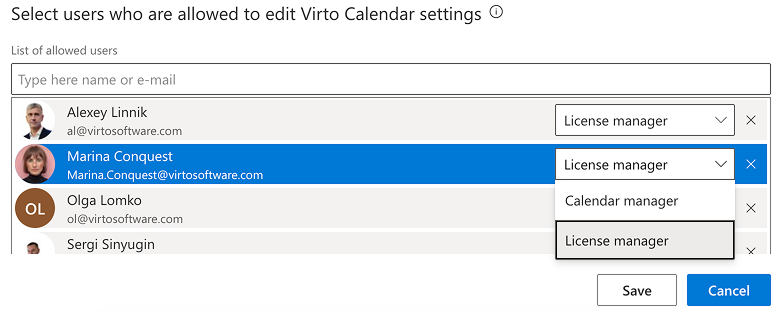 Assigning the Calendar Manager or License Manager role to an allowed user