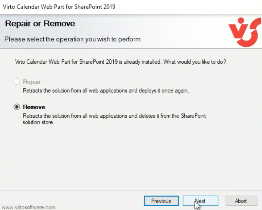 Choosing the Remove option in the Virto Calendar setup wizard to uninstall the web part