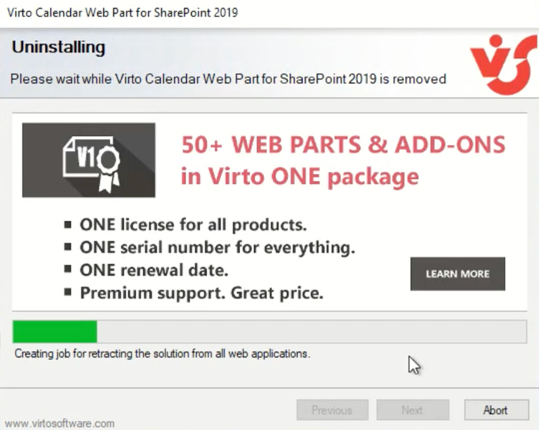 Virto Calendar web part uninstallation progress in the setup wizard