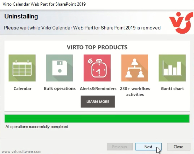 Virto Calendar uninstall step prompting to click Next to continue
