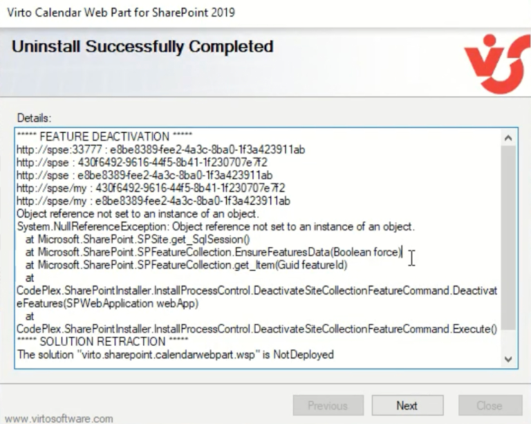 Second Next prompt in the Virto Calendar setup wizard during uninstallation