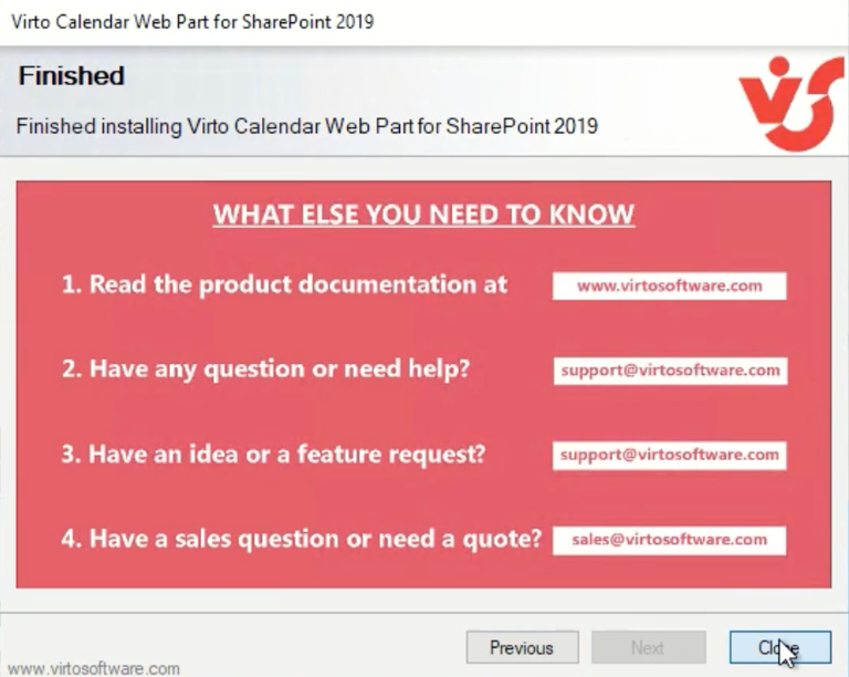 Final uninstall screen with the Close button to finish removing the Virto Calendar web part
