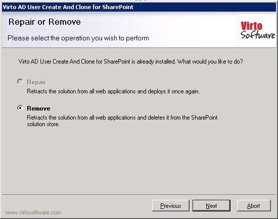 Setup wizard prompting to Repair or Remove the Virto Create & Clone AD User Web Part solution