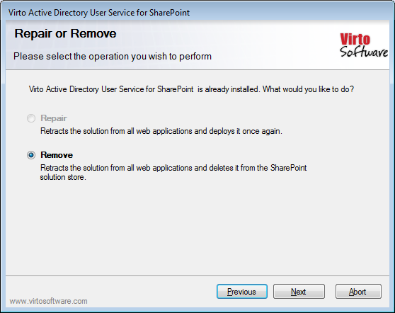 Setup wizard prompting to Repair or Remove the Virto Active Directory User Service web part