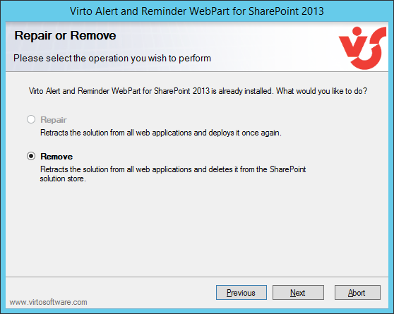 Virto SharePoint Alerts setup wizard prompting to Repair or Remove the solution during uninstall