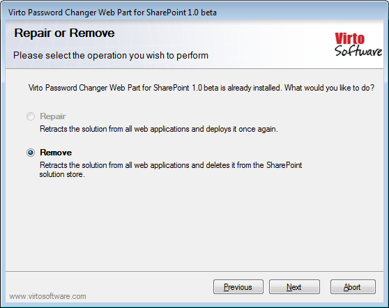 Virto Password Change setup wizard prompting to Repair or Remove the solution during uninstall