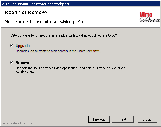 Setup program prompting to Repair or Remove the solution, with Remove selected and the Next button