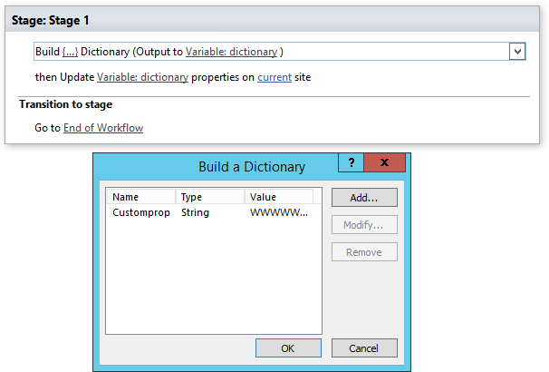 Example of the Update SharePoint site properties activity using a site properties dictionary variable