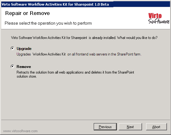 Setup wizard step 3 with the Upgrade checkbox for Virto SharePoint Workflow Activities Kit