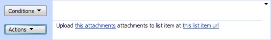 Upload attachments activity in the SharePoint Workflow Designer with attachment paths and a list item URL