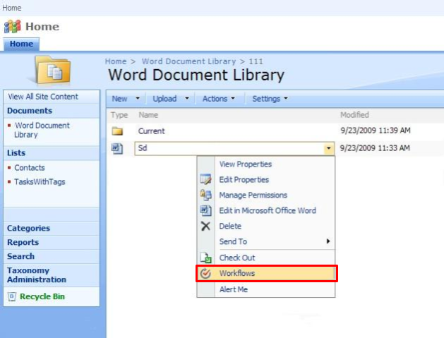 Selecting Workflows from a SharePoint list item drop-down menu to run a Virto workflow