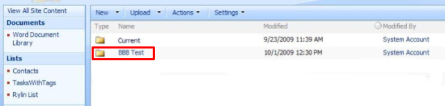 SharePoint document library with the newly created &lsquo;BBB Test&rsquo; folder highlighted as the Virto workflow result