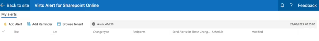 Virto Alerts & Reminder App ribbon showing the Add Alert and Add Reminder buttons